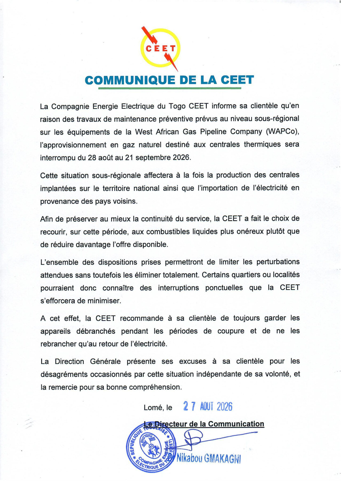Communiqué de la CEET