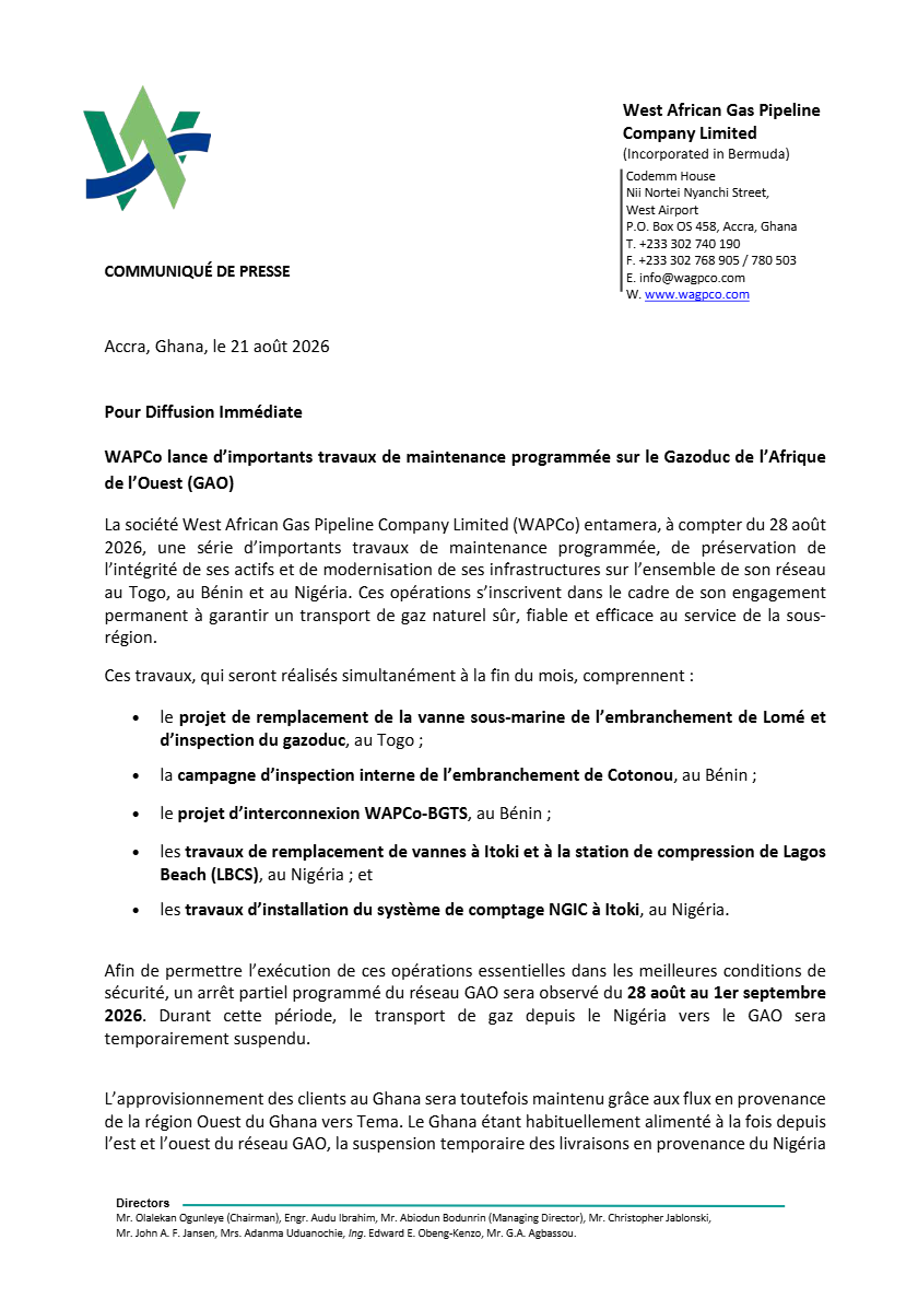 Communiqué de la West African Gas Pipeline Company Limited (WAPCo) 